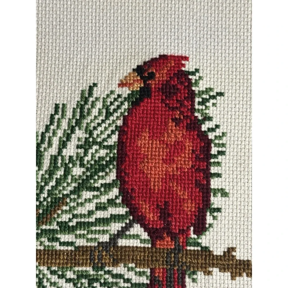 Vintage Cardinal Cross Stitch Embroidery Framed Wall Art Red Bird on Pine Branch